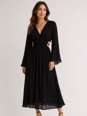 Justify Black V-Neck Long Sleeve Maxi Dress with Side Cutouts
